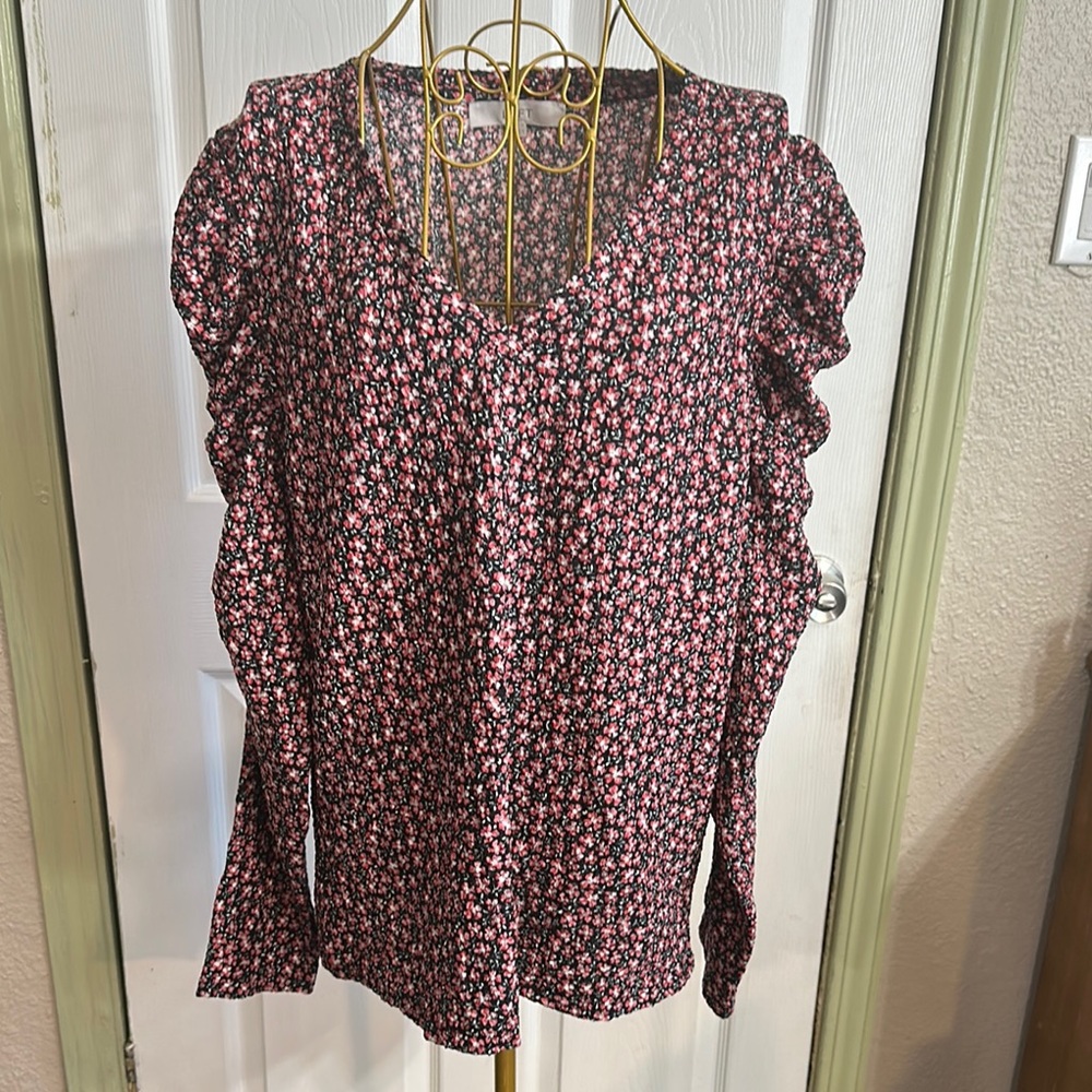 Loft Pink black and red floral patterned Blouse flutter puff long sleeve Size XL